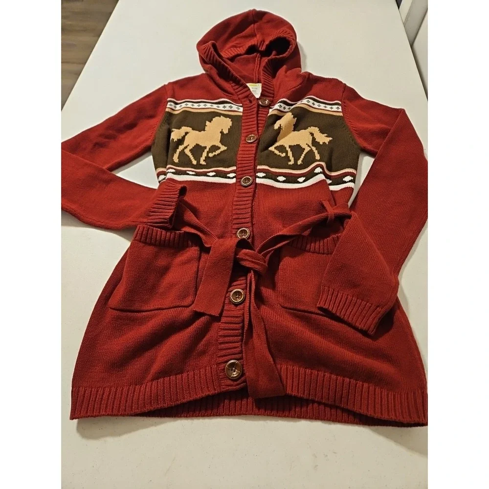 Men's Hooded Button-Front Sweater with Horse Motif — Red - Picture 4 of 6